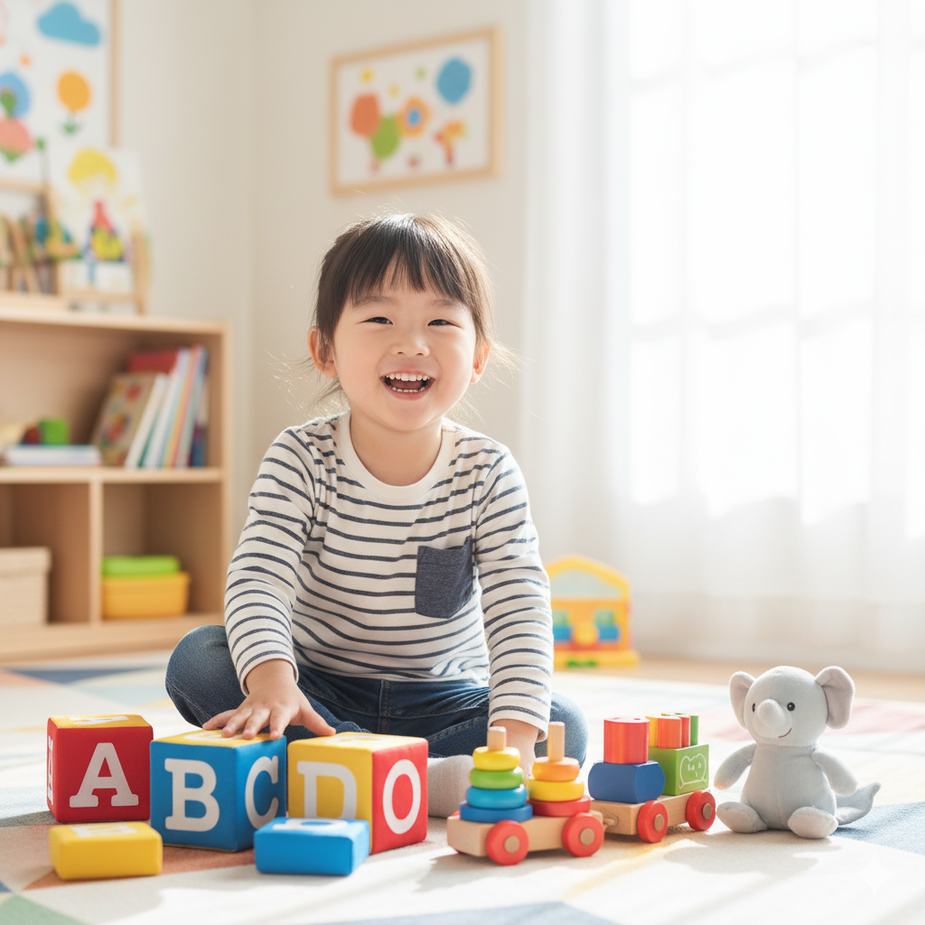 Happy child playing with ABC blocks